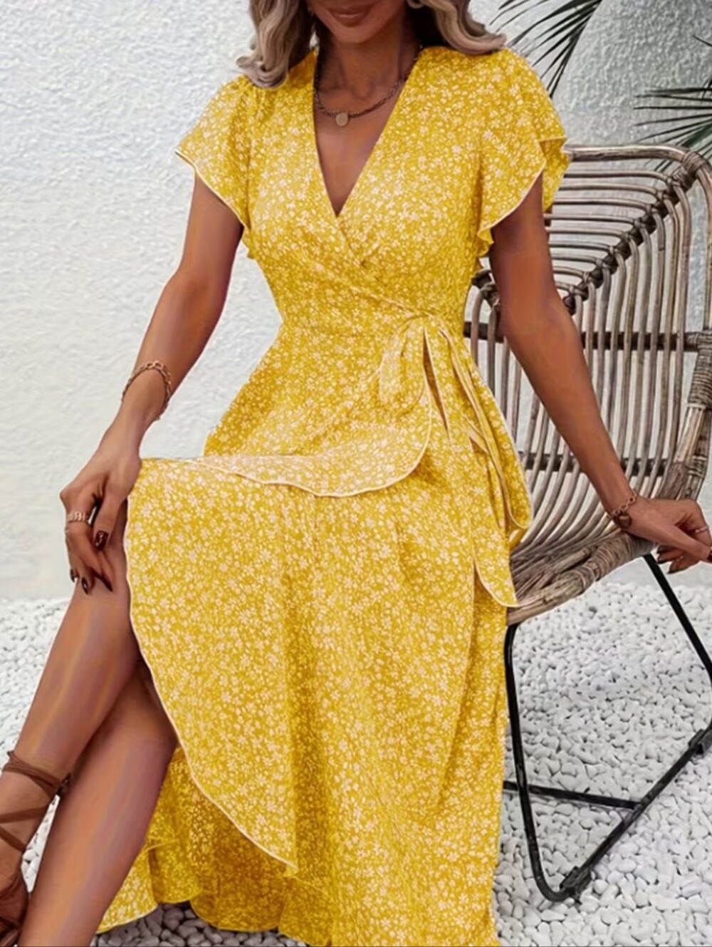 Yellow Floral Wrap Midi Dress - Lightweight Summer Dress - Picture 3 of 3
